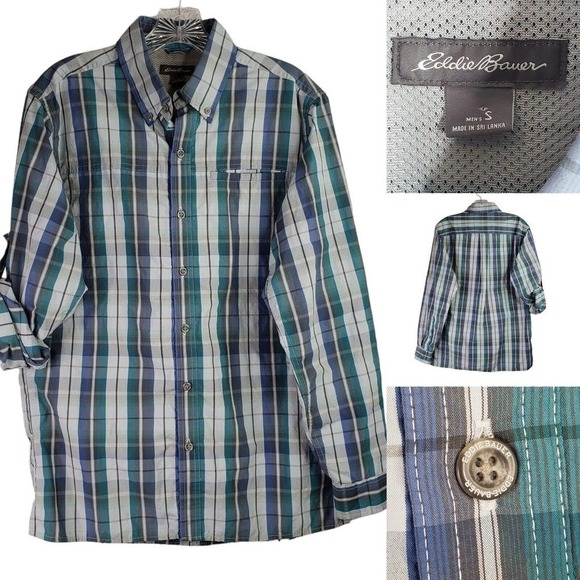 Eddie Bauer Travex Men’s Small Blue White Plaid LS Hiking Button Down Shirt - Picture 1 of 9